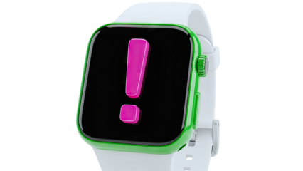 Smartwatch with green bezel and pink exclamation mark on black screen