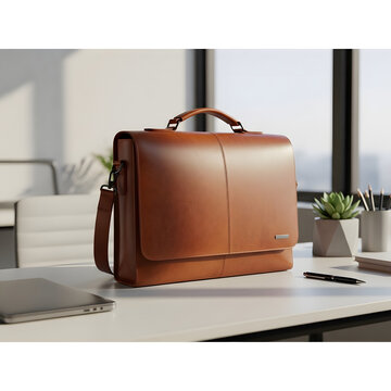 Brown leather bag on office desk with plants and laptop