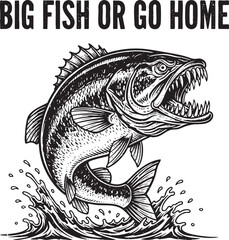 Fishing Illustration with Fish in Engraving Style