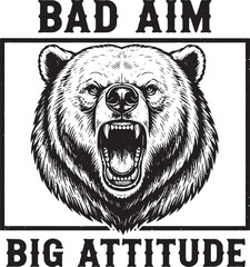 Sarcastic Black and White Engraving Style Hunting Illustration of a Bear in Vintage Etching Style