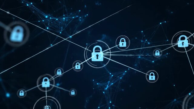 Abstract animation showing a secure digital network with interconnected padlock icons representing data protection and cybersecurity. Ideal for technology and business themes.