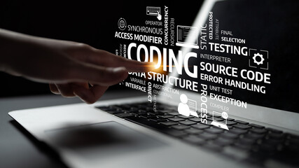 A close-up of a laptop displaying coding keywords, capturing the essence of software development with a hand interacting, symbolizing modern programming practices and technology. Tessel