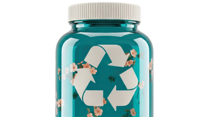 Teal bottle with recycling symbol and floral pattern