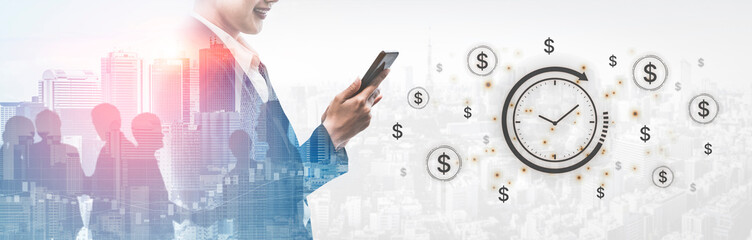 The concept of 'time is money' in business and finance. Represents financial efficiency, investment...