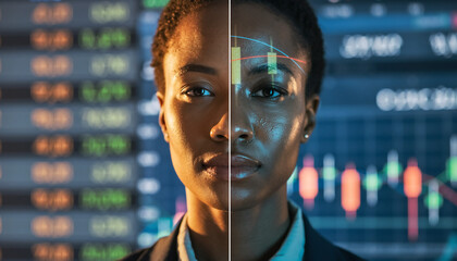 Confident businesswoman with futuristic data visualization on her face