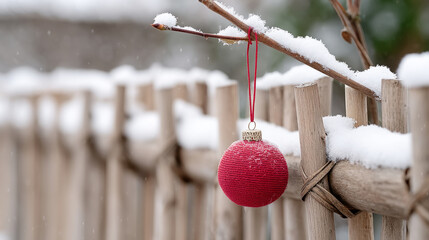 Winter scene with snowy bamboo fence and red hanging bauble for holiday decor