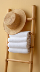 Minimalist interior design with bamboo ladder and cozy towels
