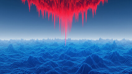 Abstract Wireframe Ocean Waves With Red Aurora Energy