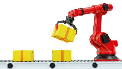 Robotic Arm Moving Yellow Boxes on Conveyor Belt
