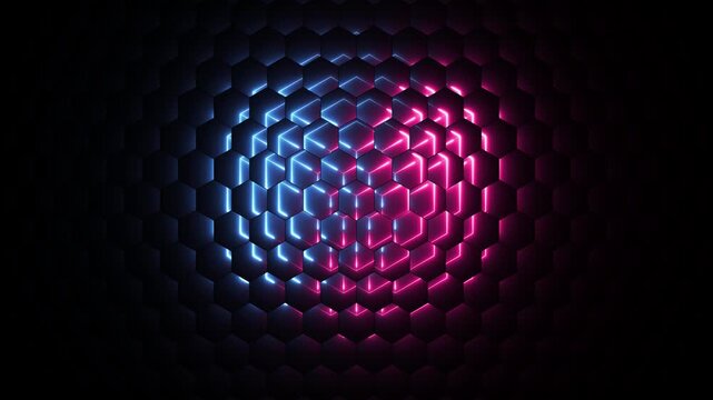 glowing neon blue pink light hexagon grid pattern animated on black background. Geometric abstract hexagon black background. Trendy sci-fi technology background with hexagon pattern.4k animation video