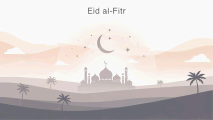 Fototapeta premium Serene Desert Landscape with Mosque Silhouette for Eid al-Fitr Celebration.