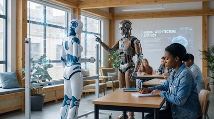 Student learning from AI androids co-teaching with interactive smart boards in modern classroom future education technology