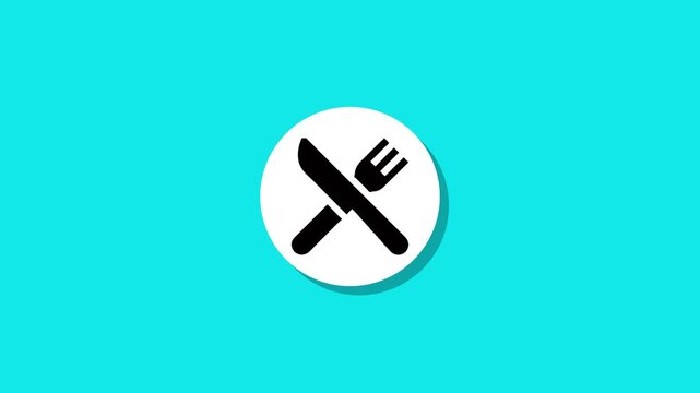 Animated white circle transforms into cutlery icon on cyan background with shadow