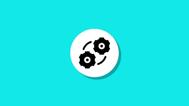Animated icon showing two spinning cogs synchronizing in a cycle within a white circle against a vibrant cyan background symbolizing settings process and automation