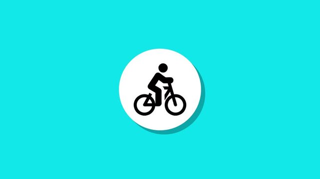 Minimalist cyclist icon animation with black stick figure riding bicycle on white circle over bright turquoise background