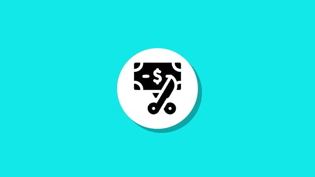 Animated motion graphic representing a financial discount or budget reduction showing money being cut by scissors on a turquoise background
