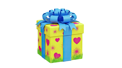 Yellow gift box with pink hearts and blue ribbon