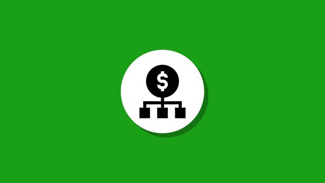 Animated dollar money flow chart icon appears dynamically in white circle on bright green screen chroma key background clip