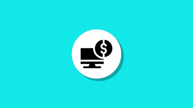 Computer monitor and dollar coin icon animation on cyan background featuring clean motion graphics and flat design style
