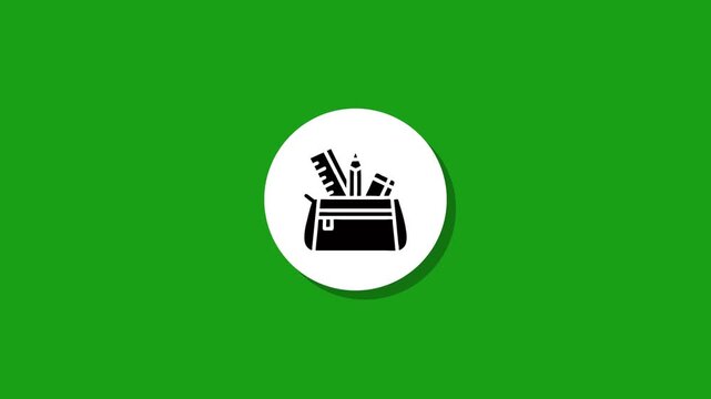 Animated icon of open pencil case filled with school stationery on green background