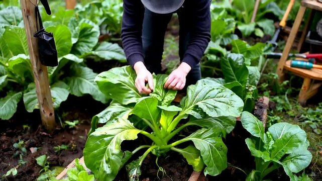 Gardener tending to lush green leafy vegetables in a thriving garden.