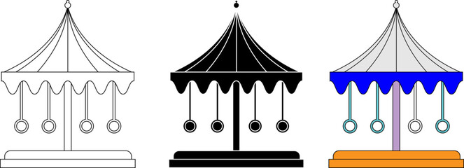Carousel or merry-go-round icon set in three styles: outline, solid black, and flat color for amusement park designs © Sutana