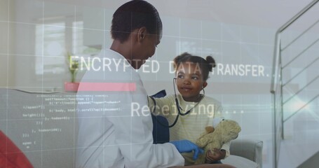 Examining MD placing stethoscope on kid chest at home, showing encrypted bear, whitecoat bluegloves
