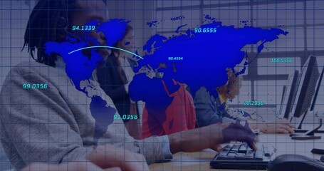 Talking team in business clothes holding handset, typing at keyboards at office with map overlay