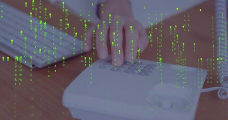 Dialing hand in brown sleeve on corded phone at wooden desk, with keyboard and green-binary overlay