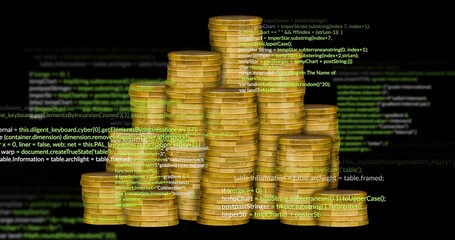 Displaying stacked gold coin piles shimmering on studio black backdrop, with floating code overlay