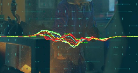 Mid-adult man in dark jacket standing behind glass in dim shop viewing waveform overlay and valve