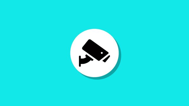 Flat animation of security camera icon appearing on white circle with shadow effect against blue background