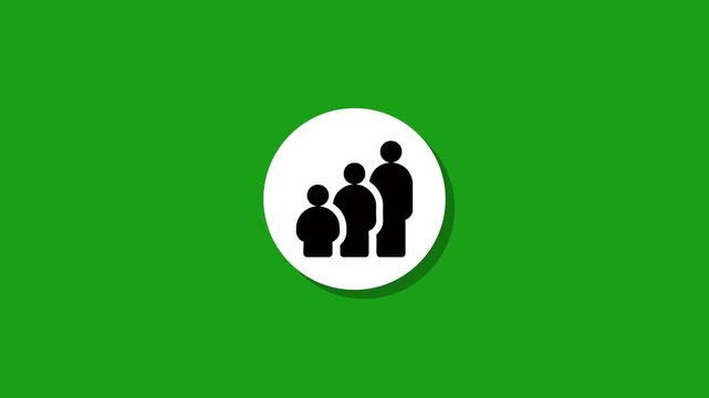 Animated demographic population growth icon revealing three standing figures representing different age groups or family structure on green screen chroma key footage