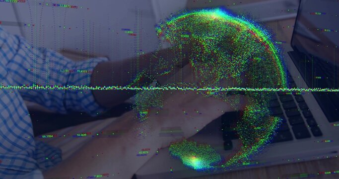 Typing male hands in checked shirt pressing laptop keys on wooden desk, with digital globe - Powered by Adobe