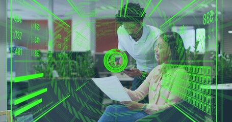 Reviewing two colleagues in casual dress reading paper, checking phone at open office with AR HUD