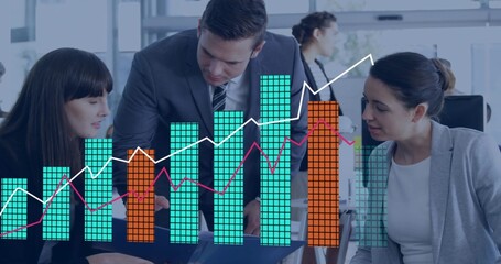 Analyzing market data, trio in business attire leaning over laptop at office, with overlaid charts