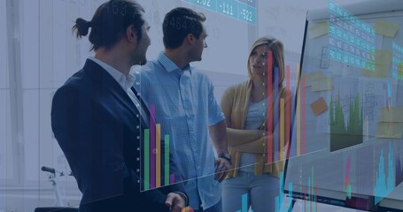 Discussing team wearing suit and cardigan examining charts on easel at office with HUD, bike