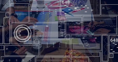 Collaborating hands wearing long sleeve shirt and wristwatch arranging mockups at workspace, HUD