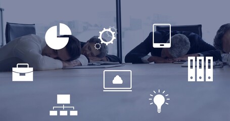 Slumping three coworkers resting heads on boardroom table in business attire, laptops and icons