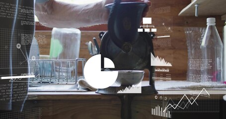 Turning man's forearm with rolled sleeve operating castiron grinder at kitchen counter, HUD overlay