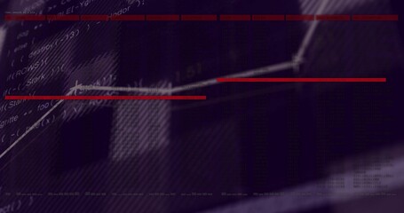 Rising glowing white trend line crossing center on stylized dashboard, with red bars and code