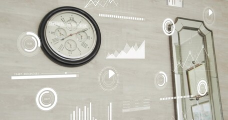 Displaying round analog wall clock ticking on light wood wall, with mirrored doorway and overlays