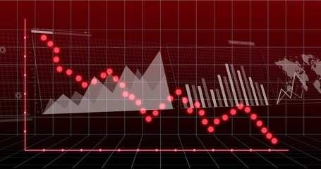 Displaying red dotted downward line with glowing points on 3D grid in virtual dashboard