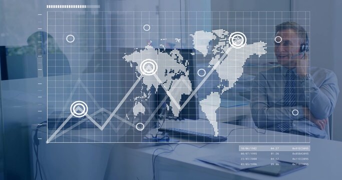 Displaying digital overlay dominating office, with laptops and papers and headset, suited coworkers - Powered by Adobe