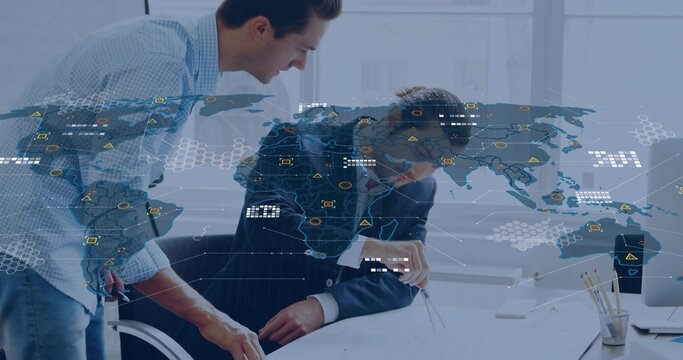 Collaborating two men wearing shirt and blazer, leaning over office desk, using compass and HUD - Powered by Adobe