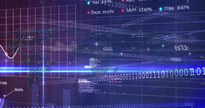 Displaying digital HUD highlighting blue beam and binary stream on virtual screen, with map nodes - Powered by Adobe