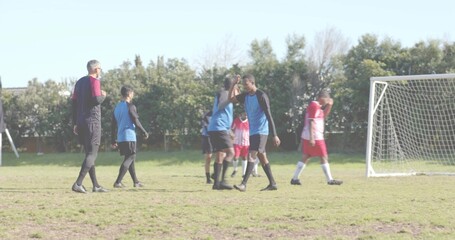 High-fiving players at penalty area on worn pitch, in blue or black, red or white jerseys with white