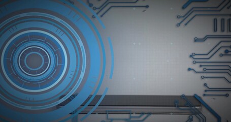 Dominating large blue concentric HUD rings and arcs occupying left side of frame, copy space