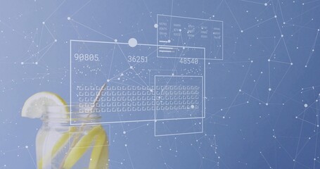 Displaying glass jar with lemon wedge and straw in studio, with HUD numeric readouts, copy space