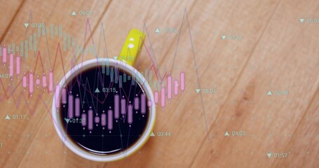 Showing yellow-handled ceramic mug holding black coffee on light wooden table, with chart overlays